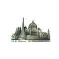 pewter material with metallic finish; detailed Melbourne skyline design; blue decorative stones; compact and horizontal rectangular shape;