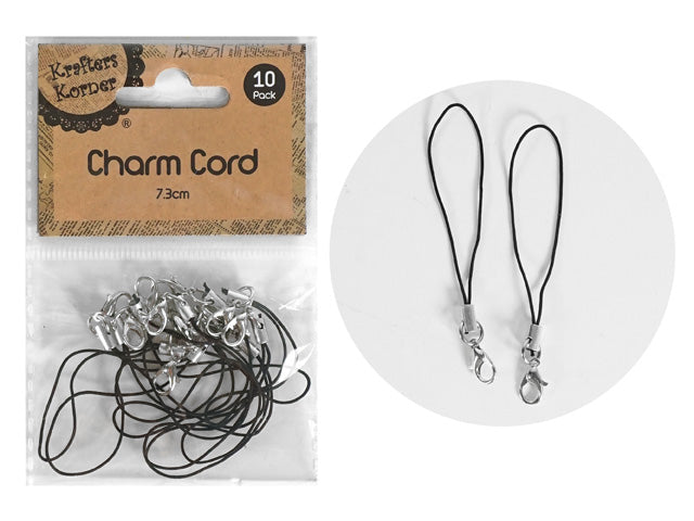 black thin cord; silver lobster clasp; pack of 10 cords; 7.3cm length indicated on packaging; kraft paper style header card;