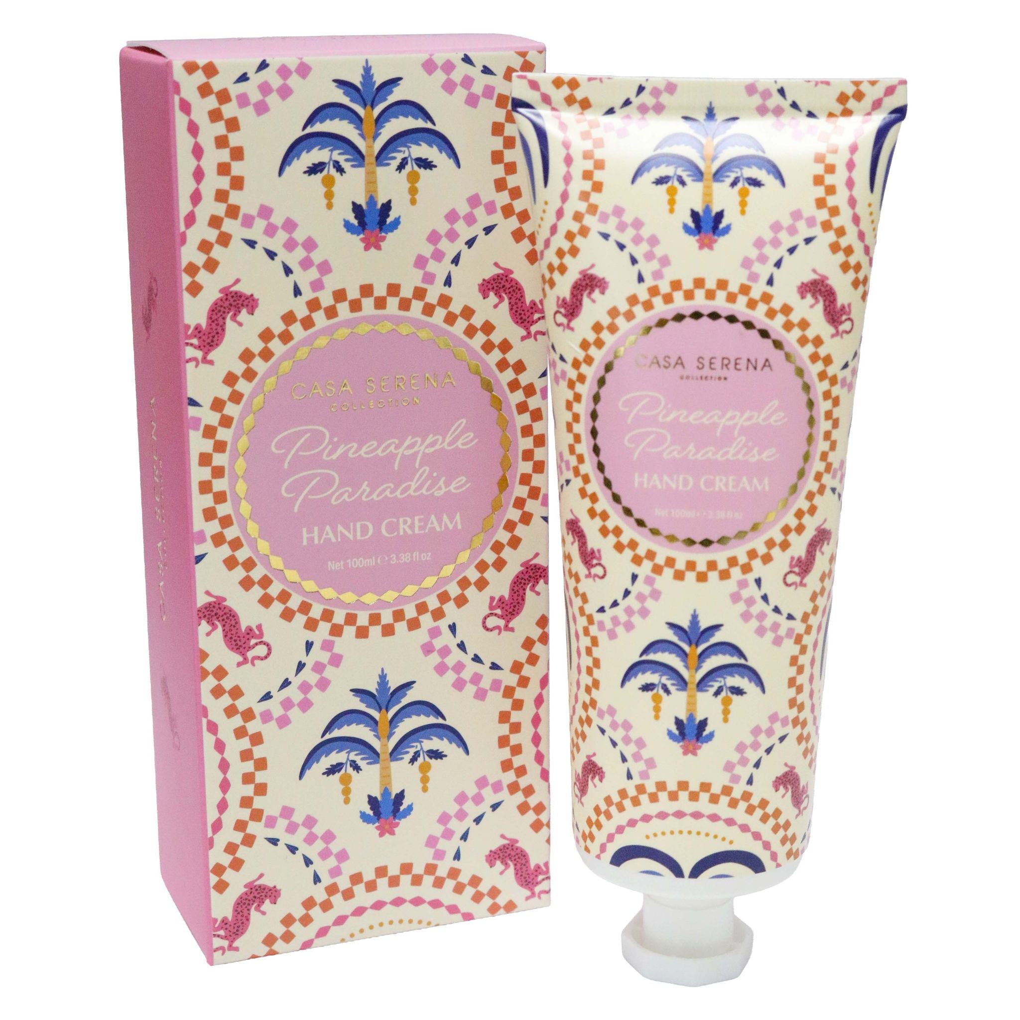100ml squeeze tube; colourful pink and orange decorative box; gold foil accents on packaging; tropical pattern with palm trees and leopard motif;