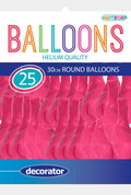 bright pink colour; round shape; package shows 25 balloons; blue and white packaging with 'decorator' label;