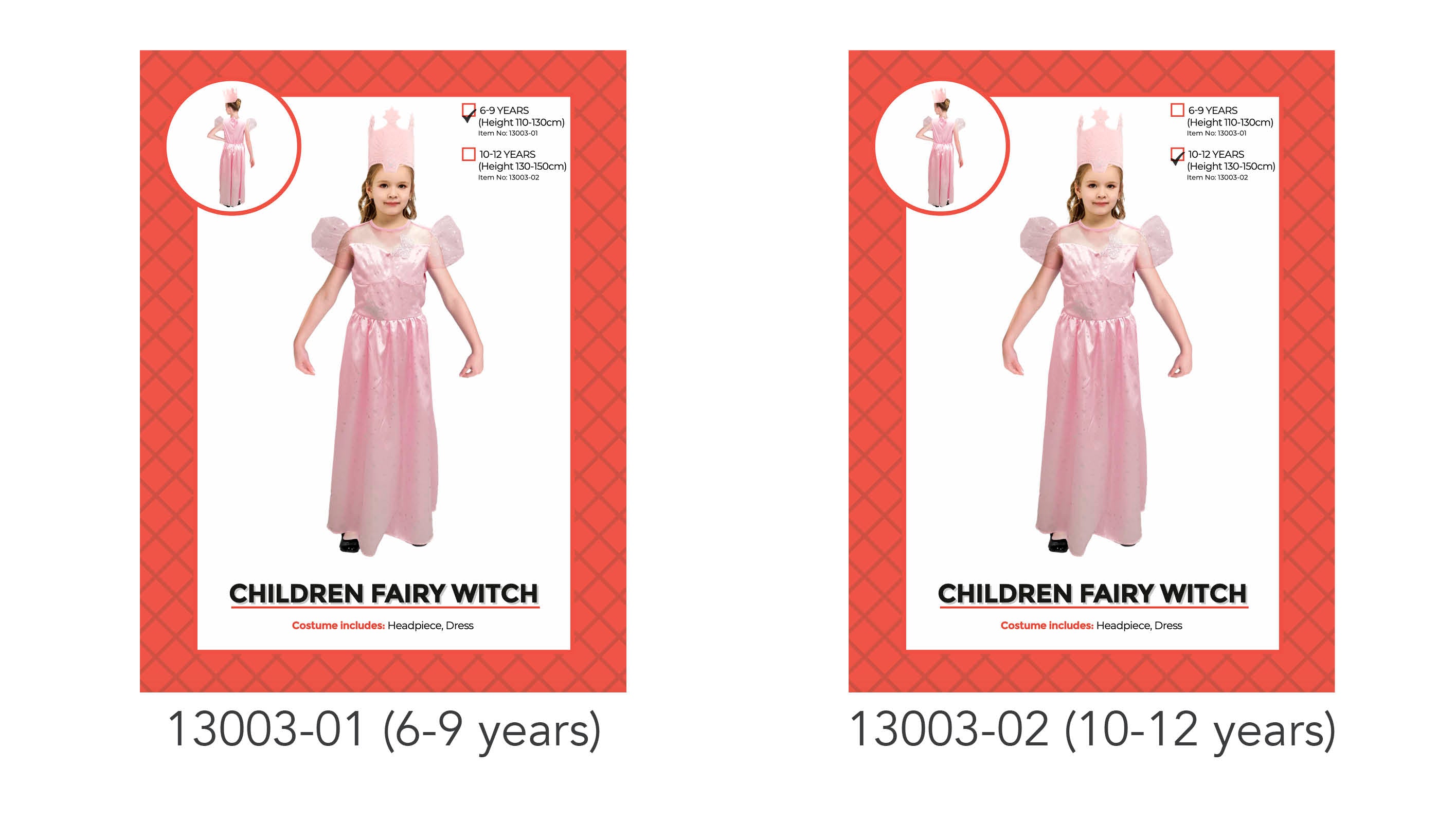 pink long dress; sheer puffed sleeves; attached fairy wings; crown-shaped headpiece; child model wearing costume;