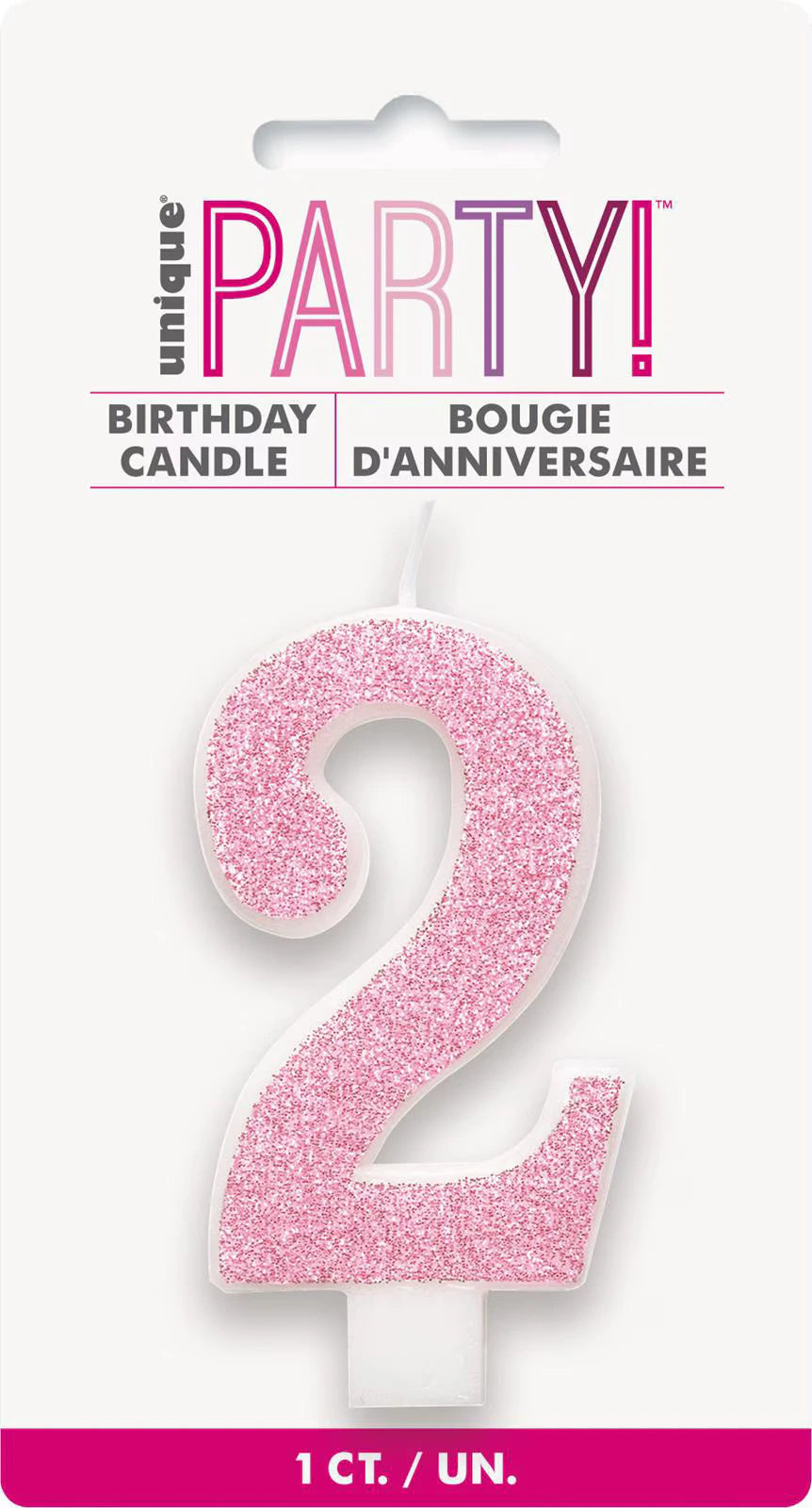 pink glitter number 2 shape; white candle base; approximately 8cm size; packaged on white backing card; single candle in pack;