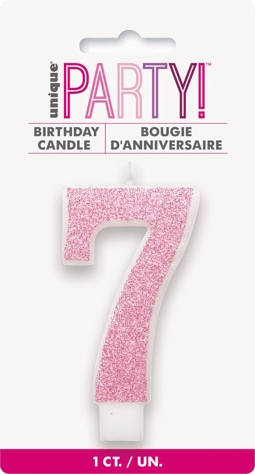 Pink numeral 7 shape; Glitter finish on candle; Candle on white backing card; Packaging with Unique Party branding;