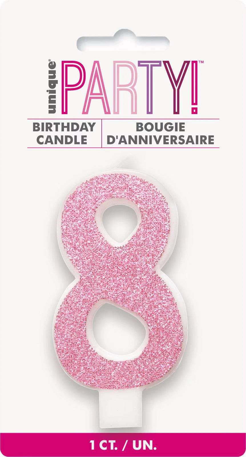 pink glitter number 8 shape; white candle base; packaged on white card with 'unique PARTY!' branding; approximately 8cm tall; glitter finish on numeral;