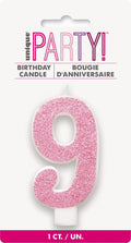pink colour; number 9 shape; glitter finish; packaged on white backing card; approximate size 8cm;