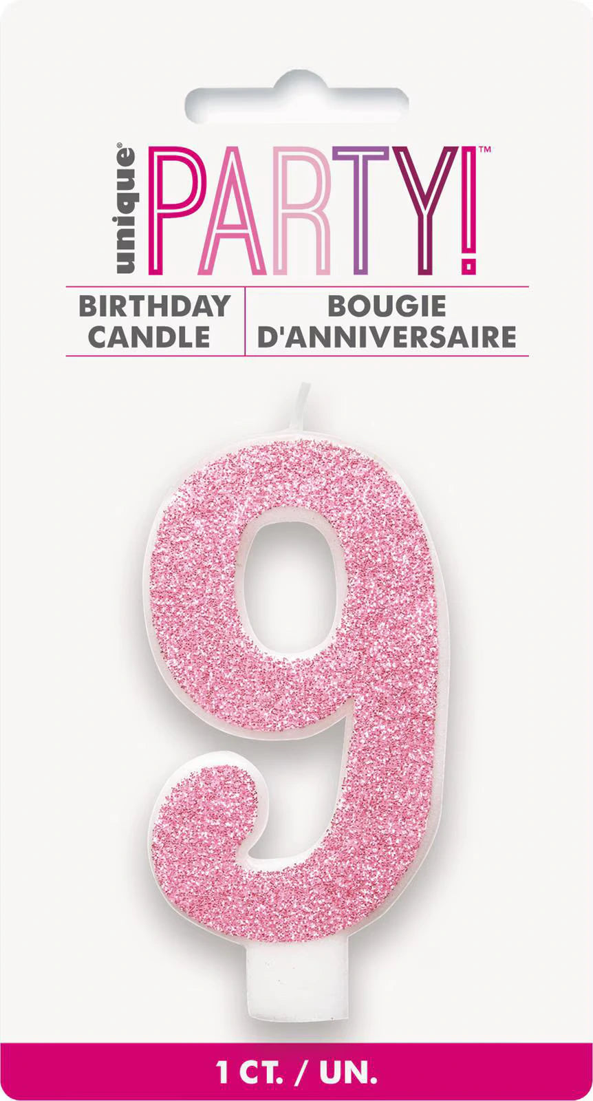pink colour; number 9 shape; glitter finish; packaged on white backing card; approximate size 8cm;
