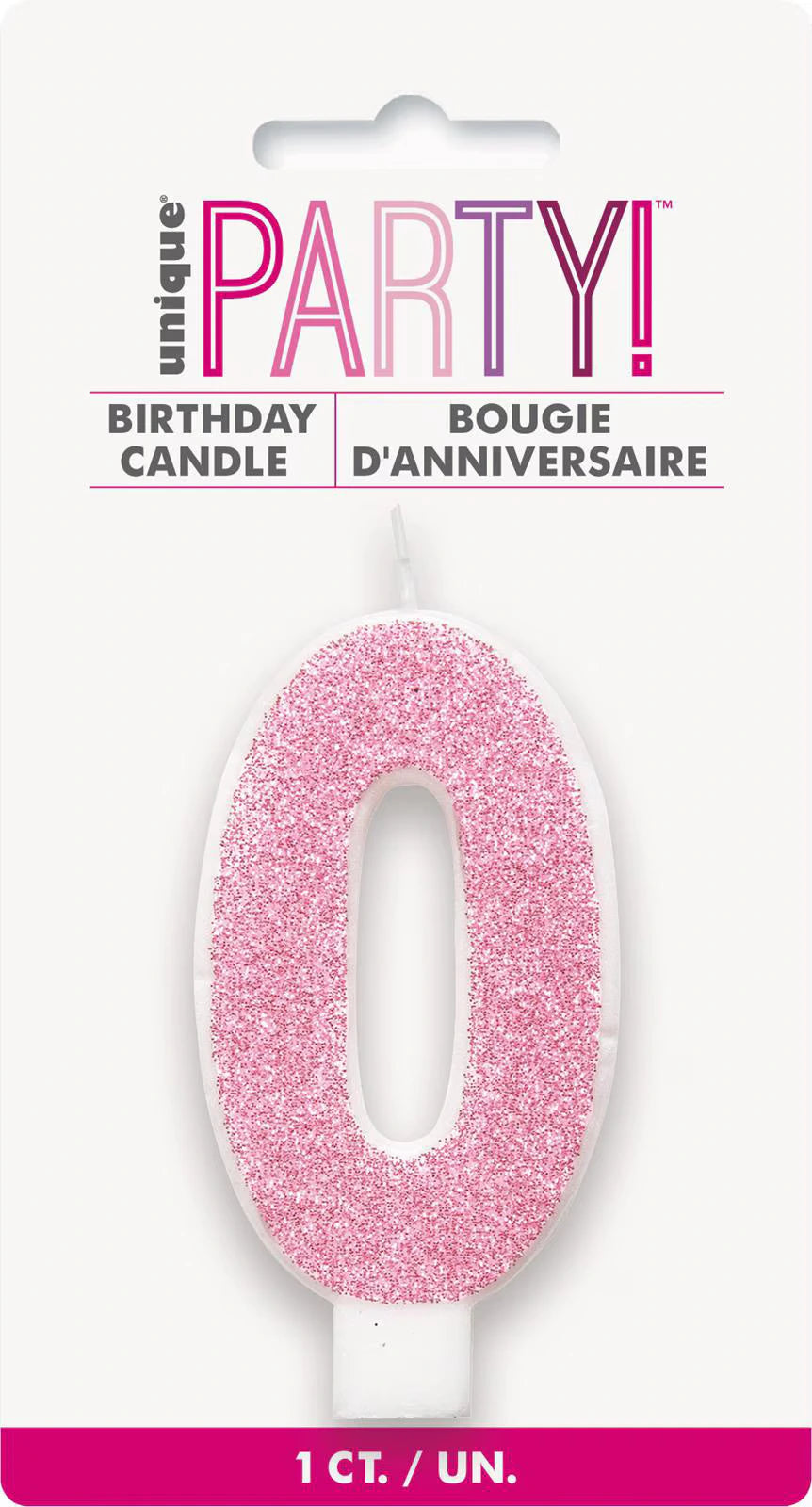 pink colour; glitter finish; numeral 0 shape; approximately 8cm tall; single candle packaging;