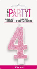 pink glitter number 4 shape; white candle base; package includes one candle; 8cm approximate height;