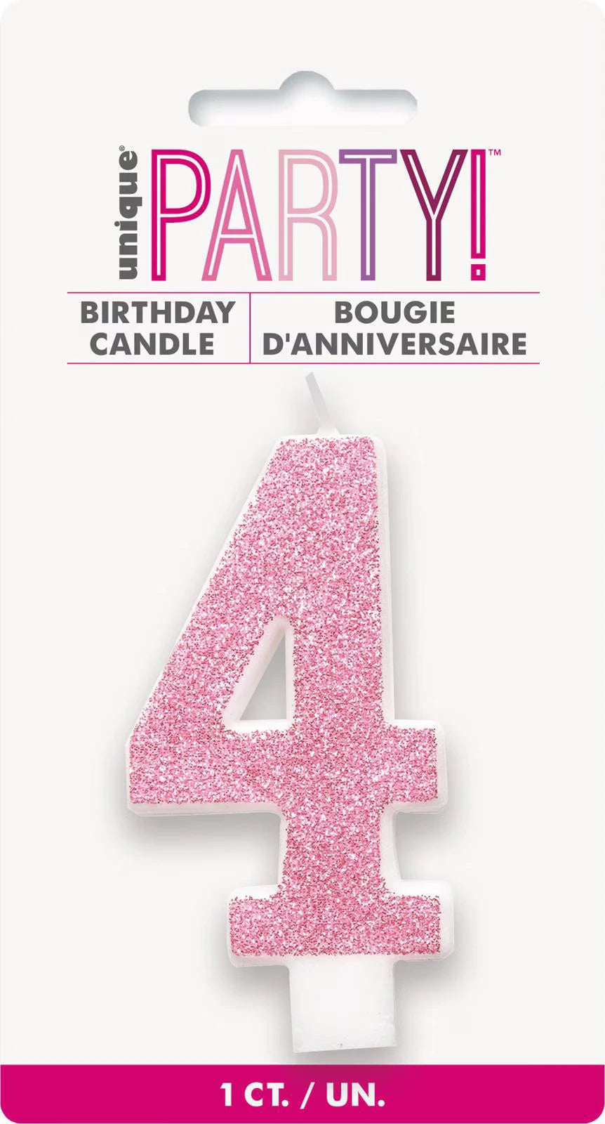 pink glitter number 4 shape; white candle base; package includes one candle; 8cm approximate height;