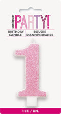 pink glitter numeral 1 shape; white candle base; packaged on white card with party branding; approx. 8cm height;