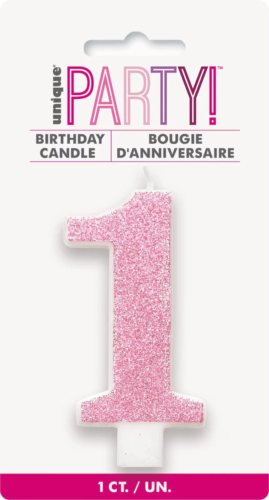 pink glitter numeral 1 shape; white candle base; packaged on white card with party branding; approx. 8cm height;