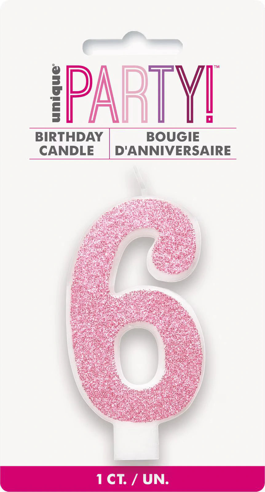 Number 6 shape; Pink colour; Glitter texture; White base for standing; Packaging includes brand and product details;