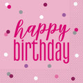 pink colour; 'happy birthday' text in bold script; confetti dots in white, pink, purple and grey; square 33cm size; paper material with embossed pattern edge;