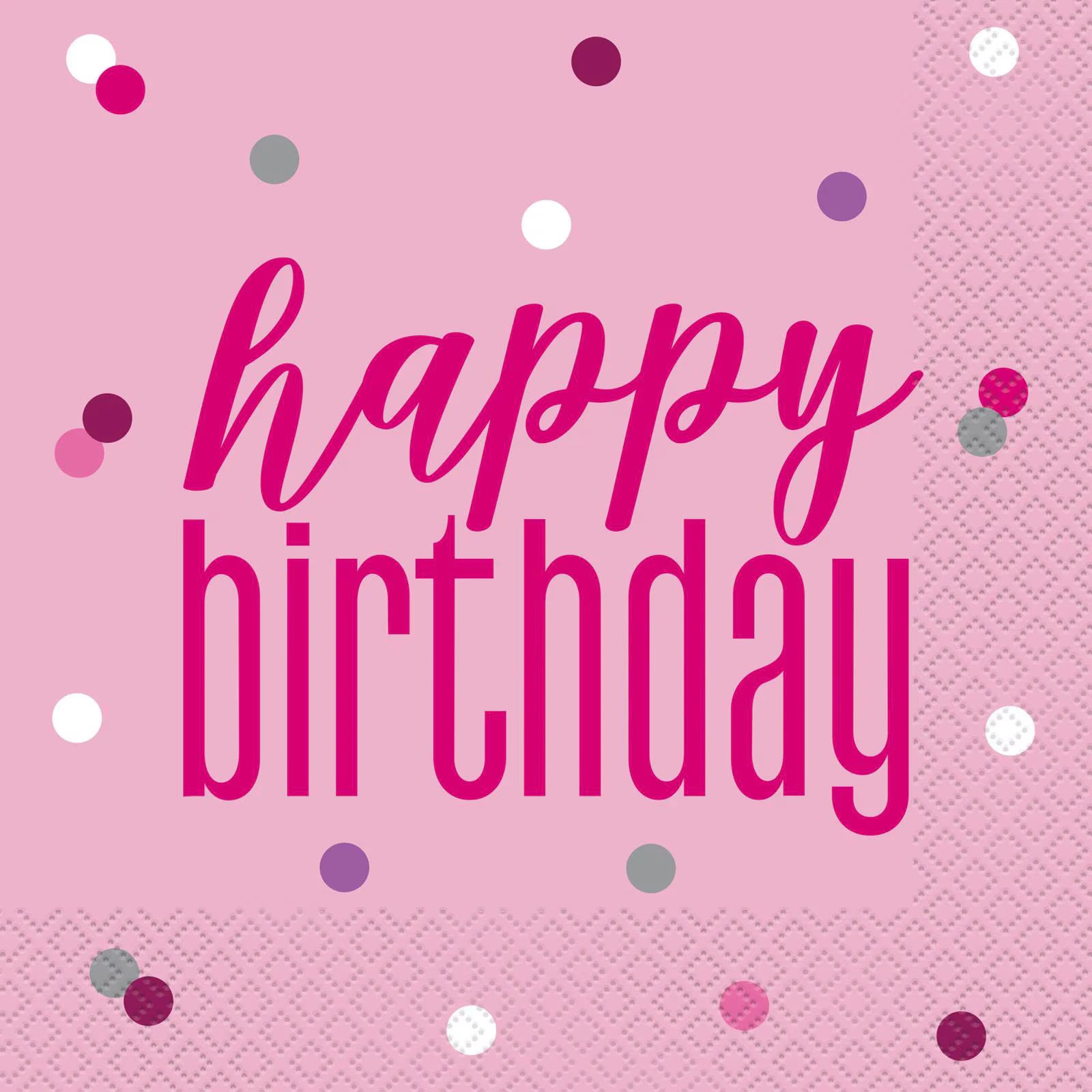 pink colour; 'happy birthday' text in bold script; confetti dots in white, pink, purple and grey; square 33cm size; paper material with embossed pattern edge;