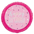 pink colour balloon; round shape; foil material; holographic glitter effect; "happy birthday" text;