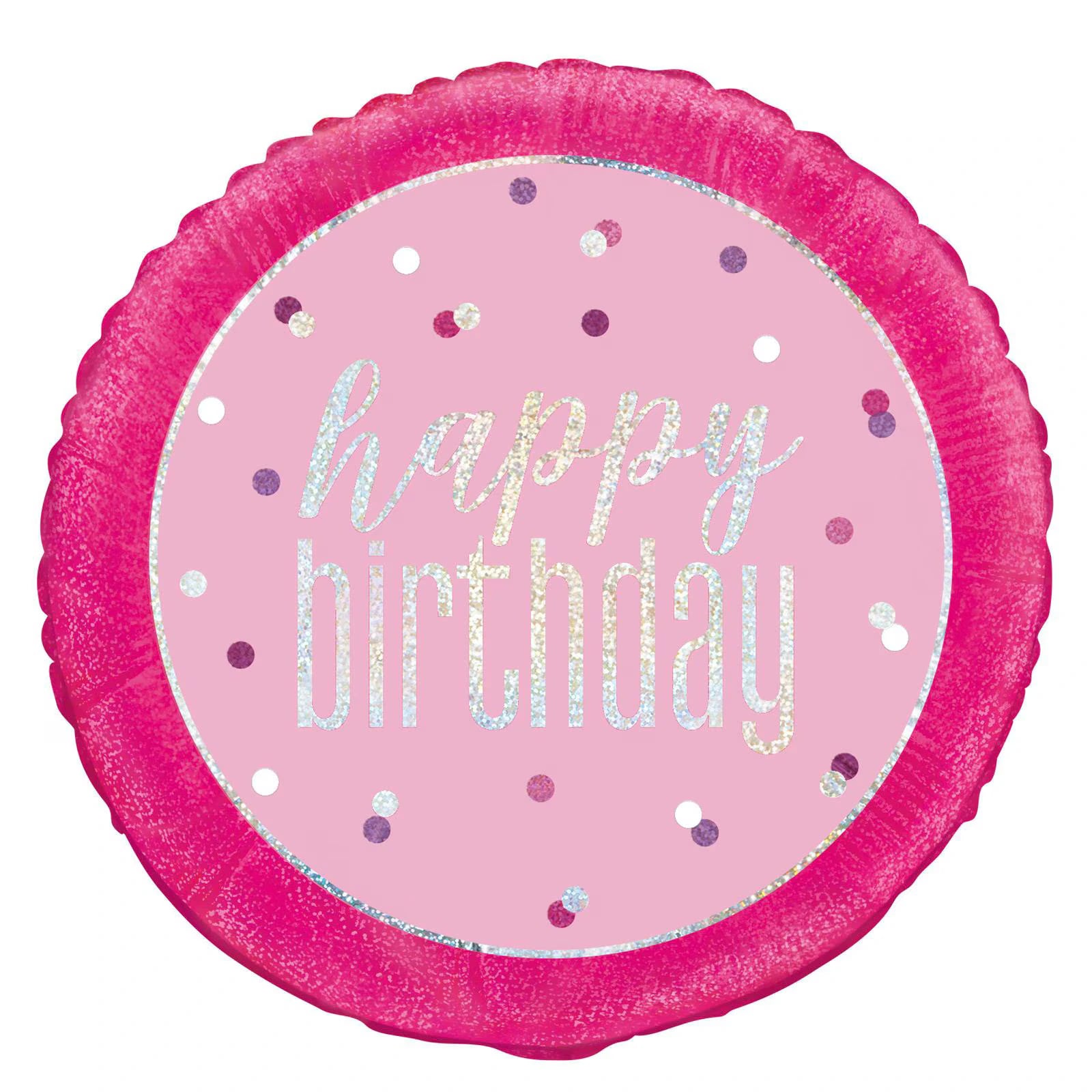 pink colour balloon; round shape; foil material; holographic glitter effect; "happy birthday" text;