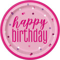 pink colour; circular shape; paper material; printed 'happy birthday' text; multi-coloured confetti dots;