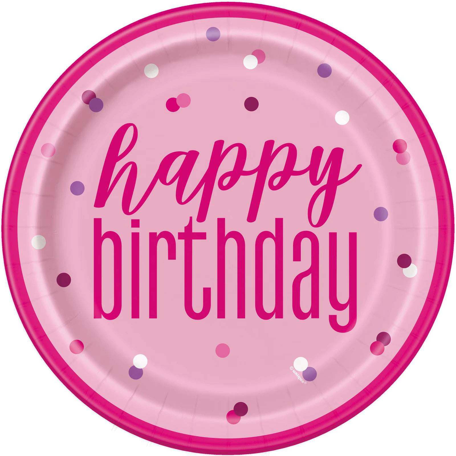 pink colour; circular shape; paper material; printed 'happy birthday' text; multi-coloured confetti dots;