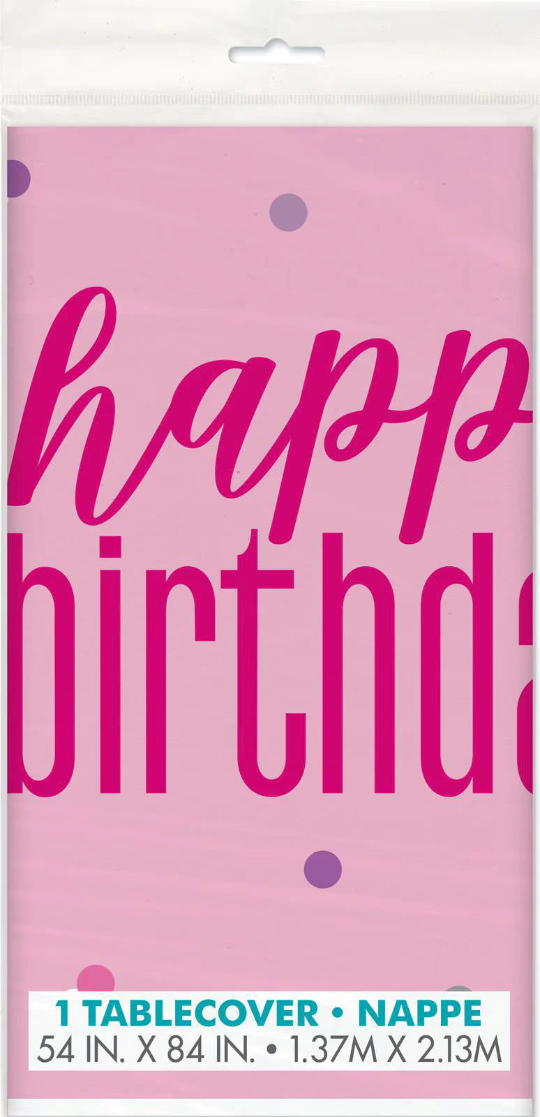 Pink background colour; Rectangular shape; Printed Happy Birthday text in pink shades; Plastic material;