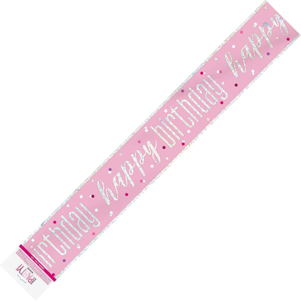 pink colour; prismatic foil letters; "happy birthday" text; rectangular long banner; glittery confetti dots;