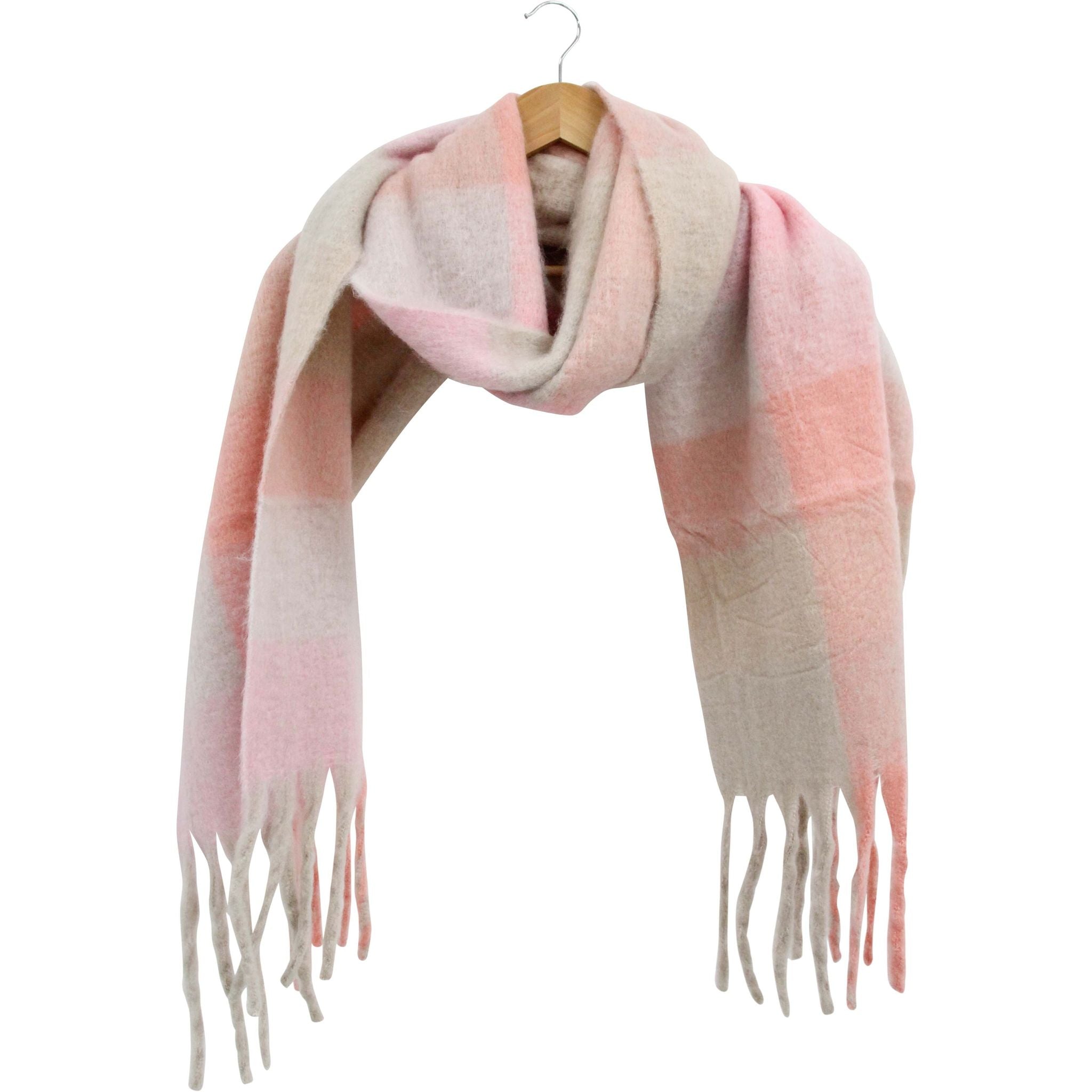 muted pink and blush plaid pattern; soft brushed fabric; fringed ends; rectangular shape;