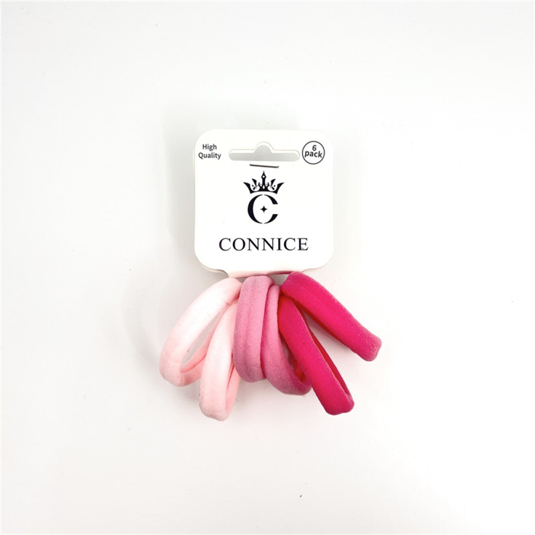 Six hair ties in assorted pink shades from light to dark; Soft, tubular terry fabric appearance; Mesh-wrapped texture on each tie; Packaged on a white CONNICE branded card; Compact 6-pack clearly marked on packaging;