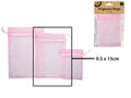 Pink colour; Sheer organza fabric; Drawstring closure; Rectangular shape; Packaged in card header pack with 6 bags;