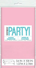 solid pink colour; rectangle shape; plastic material; compact packaging; dimensions printed 54in x 108in (1.37m x 2.74m);