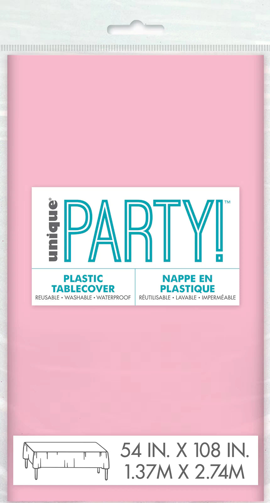 solid pink colour; rectangle shape; plastic material; compact packaging; dimensions printed 54in x 108in (1.37m x 2.74m);