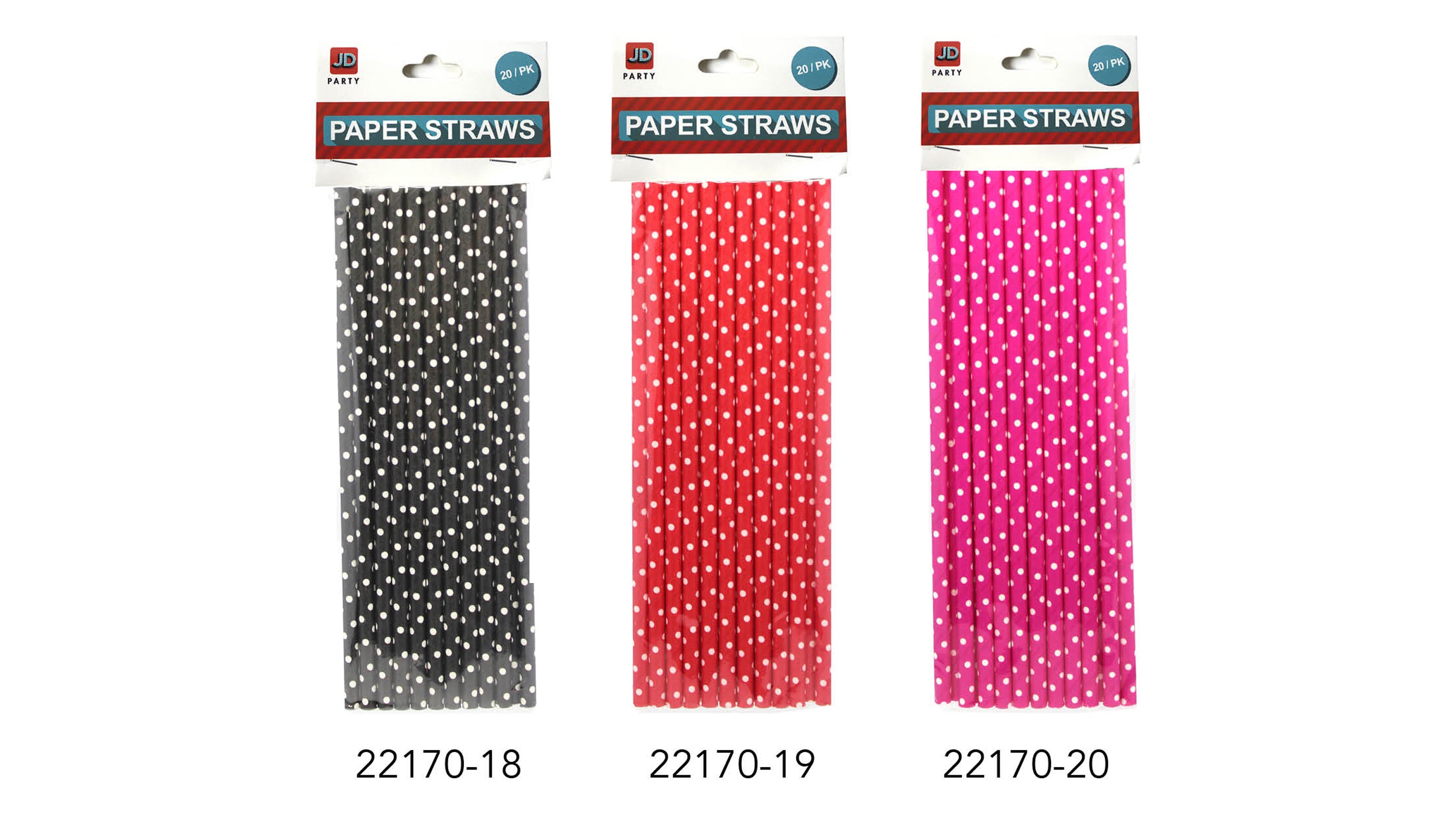 Pink paper straws with white polka dots; Pack of 20 straws in sealed transparent packaging; Rectangular packaging header with 'Paper Straws' label; Branding label JD Party at the top;