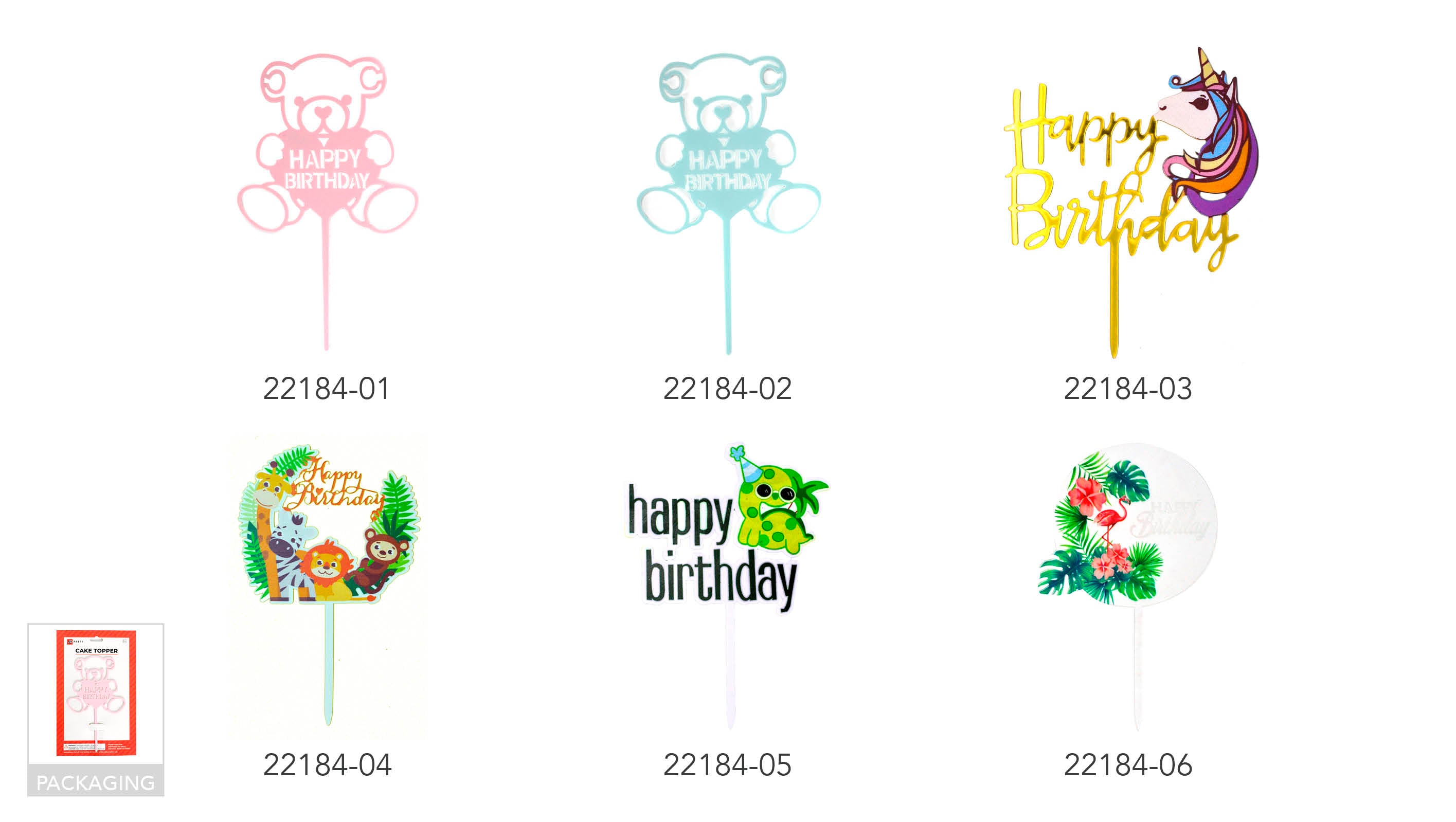 pink cake topper shaped like teddy bear; teddy bear holding heart with 'Happy Birthday' text; thin stick to insert into cake; simple flat design;