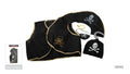 Black vest with gold-coloured edging; Skull and crossbones motifs on the vest and accessories; Black eyepatch with a skull design; Grey hook-shaped accessory; Gold-coloured hoop accessory;