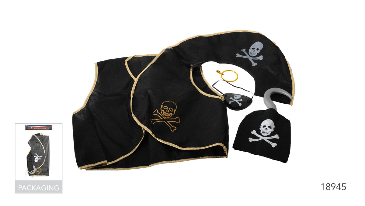 Black vest with gold-coloured edging; Skull and crossbones motifs on the vest and accessories; Black eyepatch with a skull design; Grey hook-shaped accessory; Gold-coloured hoop accessory;