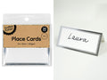 pack of 30 place cards; white cards with silver foil border; folded tent style; dimensions 10 x 10 cm; 250gsm card stock;