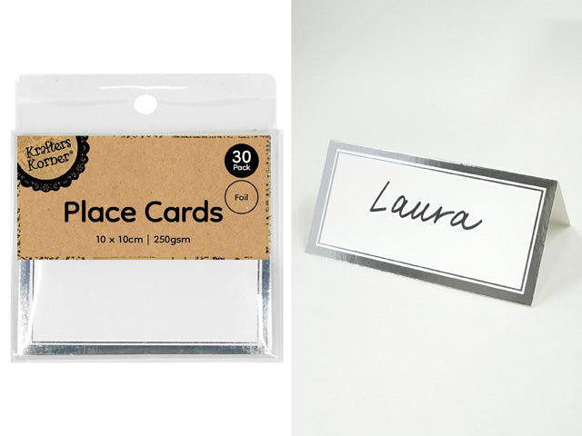 pack of 30 place cards; white cards with silver foil border; folded tent style; dimensions 10 x 10 cm; 250gsm card stock;