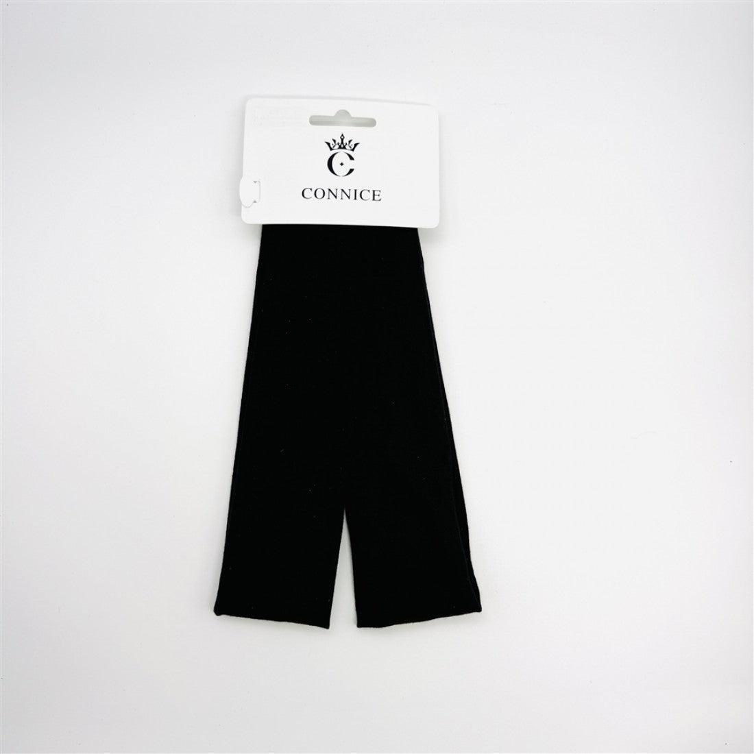Two black fabric headbands on a hang-sell card; Headbands appear wide and flat; Plain solid black colour; White branded card with cut-out hanger;