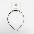 Thin black metal headband; Small evenly spaced loops along the band; Simple, unadorned design; Packaged on white backing card with brand name;
