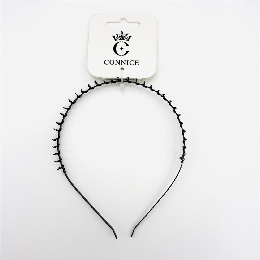 Thin black metal headband; Small evenly spaced loops along the band; Simple, unadorned design; Packaged on white backing card with brand name;