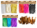 packaged in clear plastic with brown kraft header; visible colours include white, yellow, orange, pink, black, green, blue, purple, brown; long feathers with soft texture; each pack contains approximately 10 feathers;
