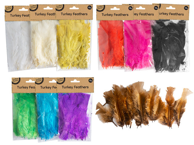packaged in clear plastic with brown kraft header; visible colours include white, yellow, orange, pink, black, green, blue, purple, brown; long feathers with soft texture; each pack contains approximately 10 feathers;
