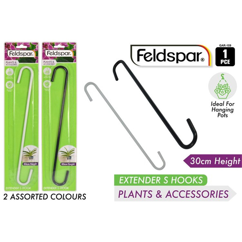 30cm length; S-hook shape; available in black and white colours; metal material; retail packaging with green and pink branding;