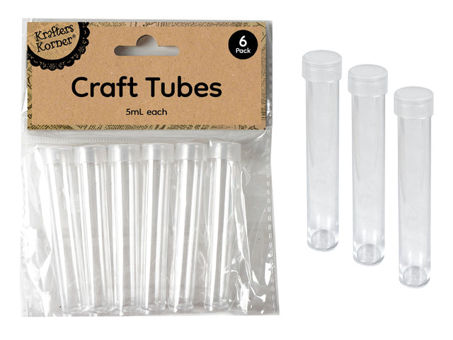 clear plastic material; set of 6 tubes; each tube with fitted cap; 5ml capacity labelled on packaging; packaging includes Kraft-style header card;