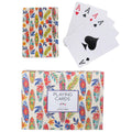 colourful surfboard and floral prints; glossy finish on cards; standard playing card size; matching decorative box; white card faces with traditional card suits;