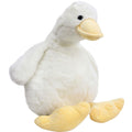 fluffy ivory body; yellow beak and feet; subtle facial details; plush polyester material; rounded duck shape;
