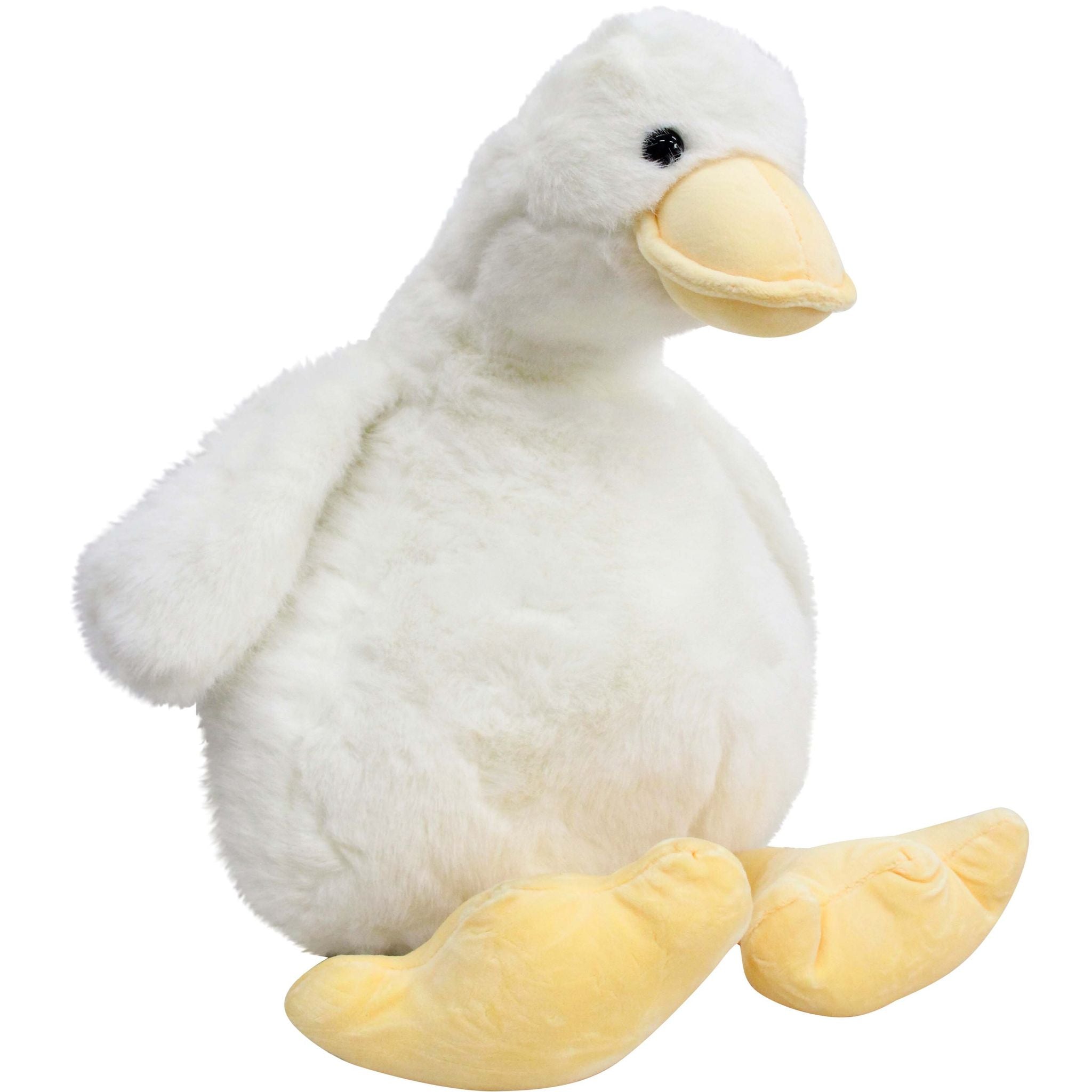 fluffy ivory body; yellow beak and feet; subtle facial details; plush polyester material; rounded duck shape;