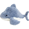 medium size plush whale shape; soft grey and white colour; polyester plush material; small black plastic eyes; whale fins and tail;
