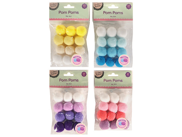 pack of 12 pom poms; pom poms are 3cm diameter; ombre colour gradient in each pack; fluffy soft texture; packaging has green header with 'Pom Poms' text;