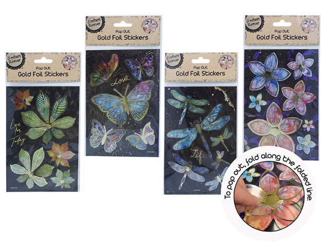 gold foil accents on stickers; butterfly and flower designs; black background packaging; pop out fold line feature; multicoloured floral and insect motifs;