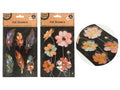 Gold foil detailing on stickers; 3D pop up floral and feather shapes; Sheet packaging with black backing; Bright colours with pink, orange and blue hues;