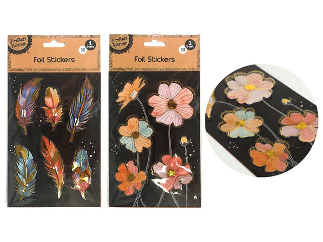 Gold foil detailing on stickers; 3D pop up floral and feather shapes; Sheet packaging with black backing; Bright colours with pink, orange and blue hues;